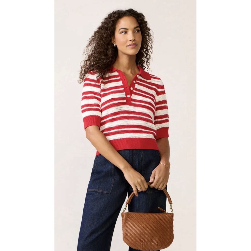 Evereve Monica Henley Polo Sweater Sz XS Red/White Preppy Classic MSRP $98!
